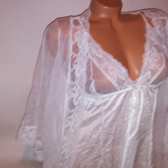 Vintage Lingerie Set Robe & Gown Medium Chemise Slip Kimono White Sheer Nylon - Picture 13 of 15
